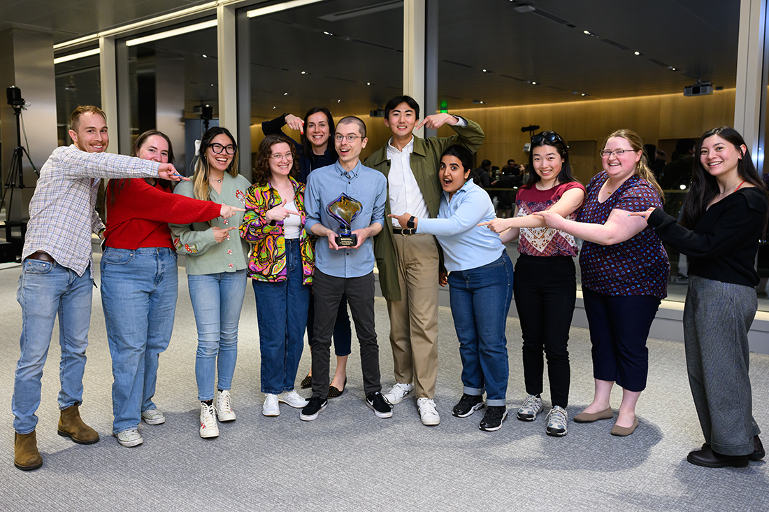 Christopher Maynard SM'24, a recent graduate of the Technology and Policy Program in the Institute for Data, Systems, and Society, celebrates winning this year's Envisioning the Future of Computing Prize competition with his friends.