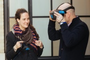 Lydia Brosnahan (left) helped individuals who took part in beta testing for a virtual reality game that was part of “The Invisible College” project by CAST Distinguished Visiting Artist Matthew Ritchie. 