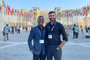 Two of MIT’s student delegates at COP28: Runako Gentles (left), an undergraduate in civil and environmental engineering (CEE), and Shiv Bhakta (right), a graduate student in the Leaders for Global Operations dual degree program within the MIT Sloan School of Management and CEE.
