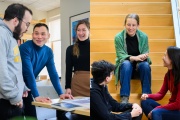 Professors Erik Lin-Greenberg (center of left photo) and Tracy Slatyer (center of right photo) with their students