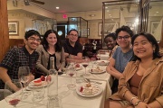 Appreciation dinner with class 21G.320 (Introduction to French Literature). Left to right: Ishan Ganguly, Sara Modiano, Professor Bruno Perreau, Naomi Kirimi, Abraham Corea Diaz, and Nghi Nguyen.