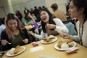 Left to right: MIT students Anica Liu, Margaret Yu, and Angela Li enjoy food and laughs at the Heritage Meets Heritage event.
