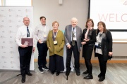 Left to right: Gavin Off, Adam Wagner, Ruth McElheny, Victor McElheny, Cathy Clabby, and Deborah Blum pose during a Knight Science Journalism Program at MIT McElheny Award ceremony.