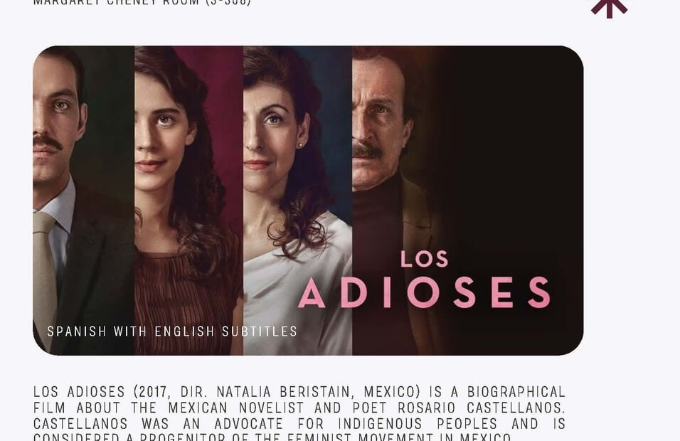 "Los Adioses" film poster with the words "Los Adioses" and pictures of the film's actors