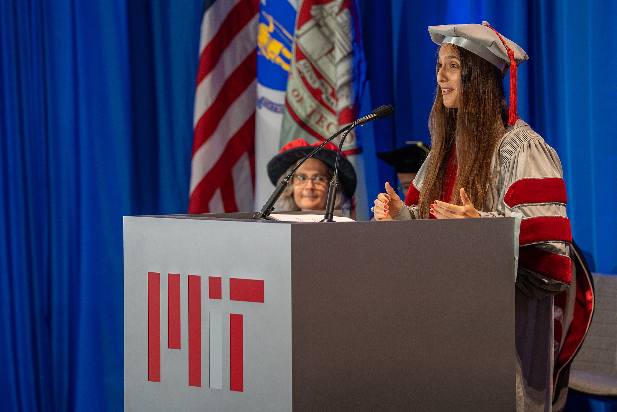 Sonia Pavel delivers the keynote address during the SHASS Advanced Degree Ceremony