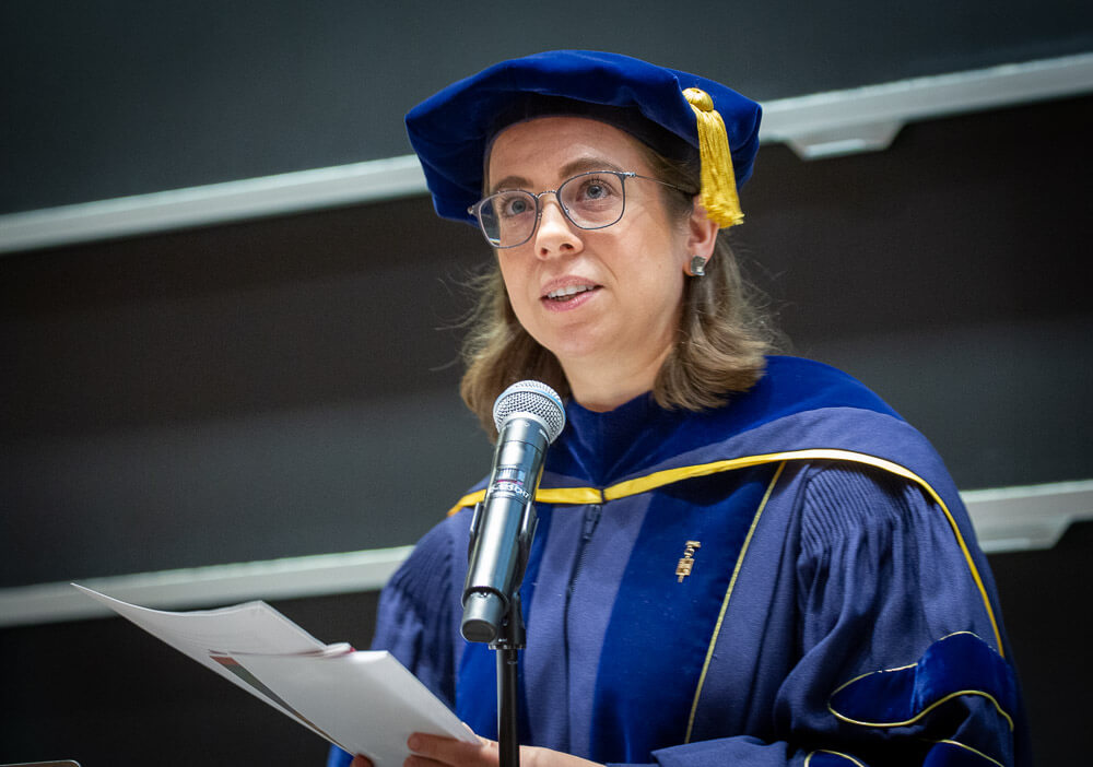 Emily Pollock welcomes MIT's 2025 Phi Beta Kappa inductees during a ceremony on MIT's campus